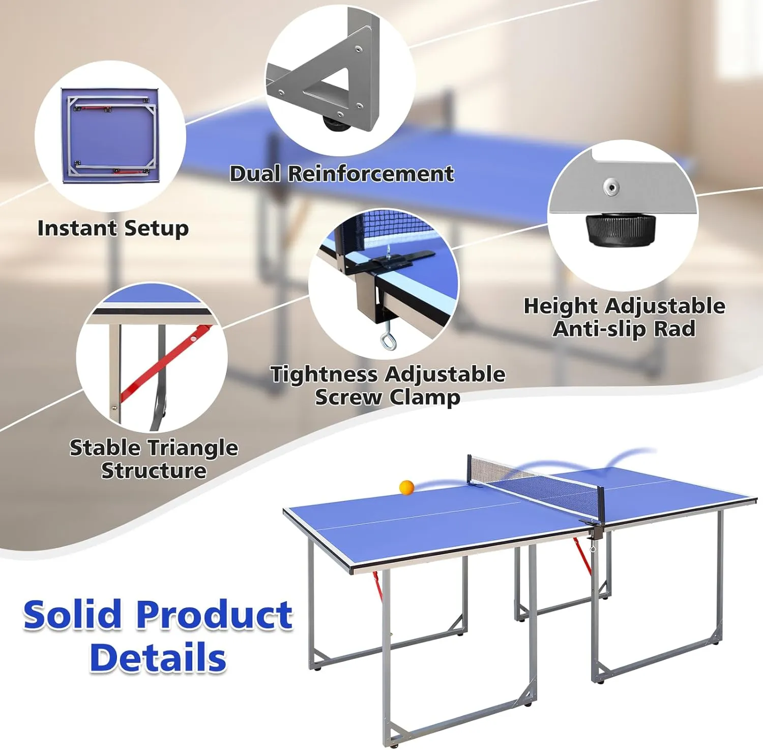 4.5/6ft/9ft Mid-Size Portable Ping Pong Tables Set, Foldable Table Tennis Table with Net,2 Paddles & 3 Balls, Professional MDF Tables for Indoor/Outdoor Multi-Use Free Standing Ping Pong Table