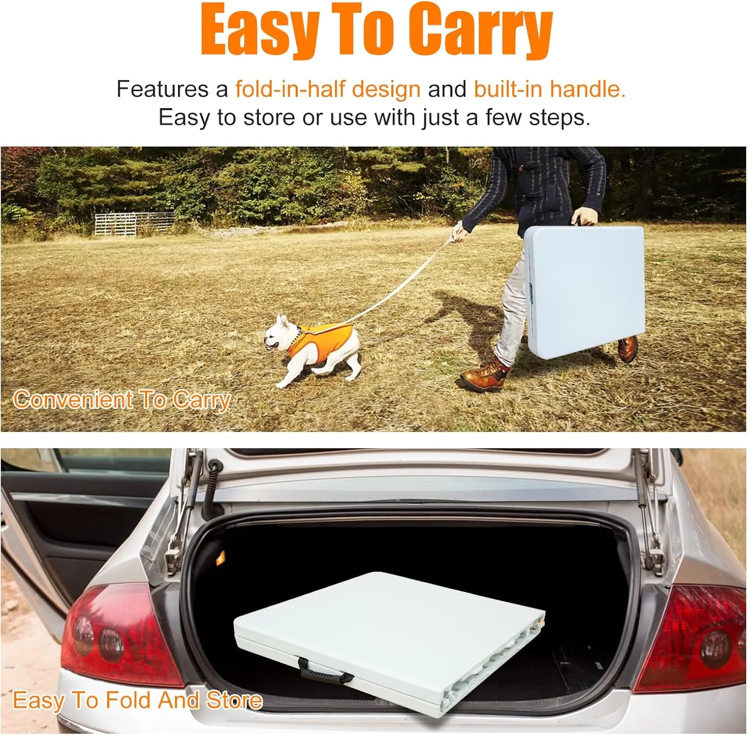 4ft White Folding Table, Portable Outdoor Heavy Duty Fold Up Table with Handle, Water Resistant Surface, Easy to Carry Fold-in-Half for Dining, Picnics, BBQs, Parties