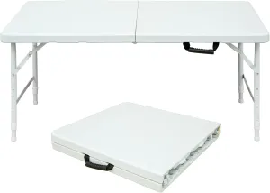 4ft White Folding Table, Portable Outdoor Heavy Duty Fold Up Table with Handle, Water Resistant Surface, Easy to Carry Fold-in-Half for Dining, Picnics, BBQs, Parties