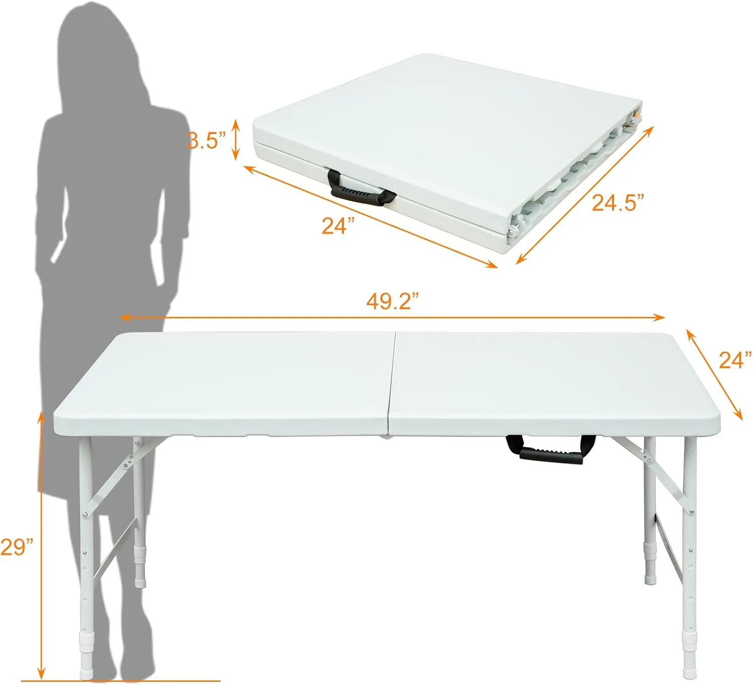 4ft White Folding Table, Portable Outdoor Heavy Duty Fold Up Table with Handle, Water Resistant Surface, Easy to Carry Fold-in-Half for Dining, Picnics, BBQs, Parties