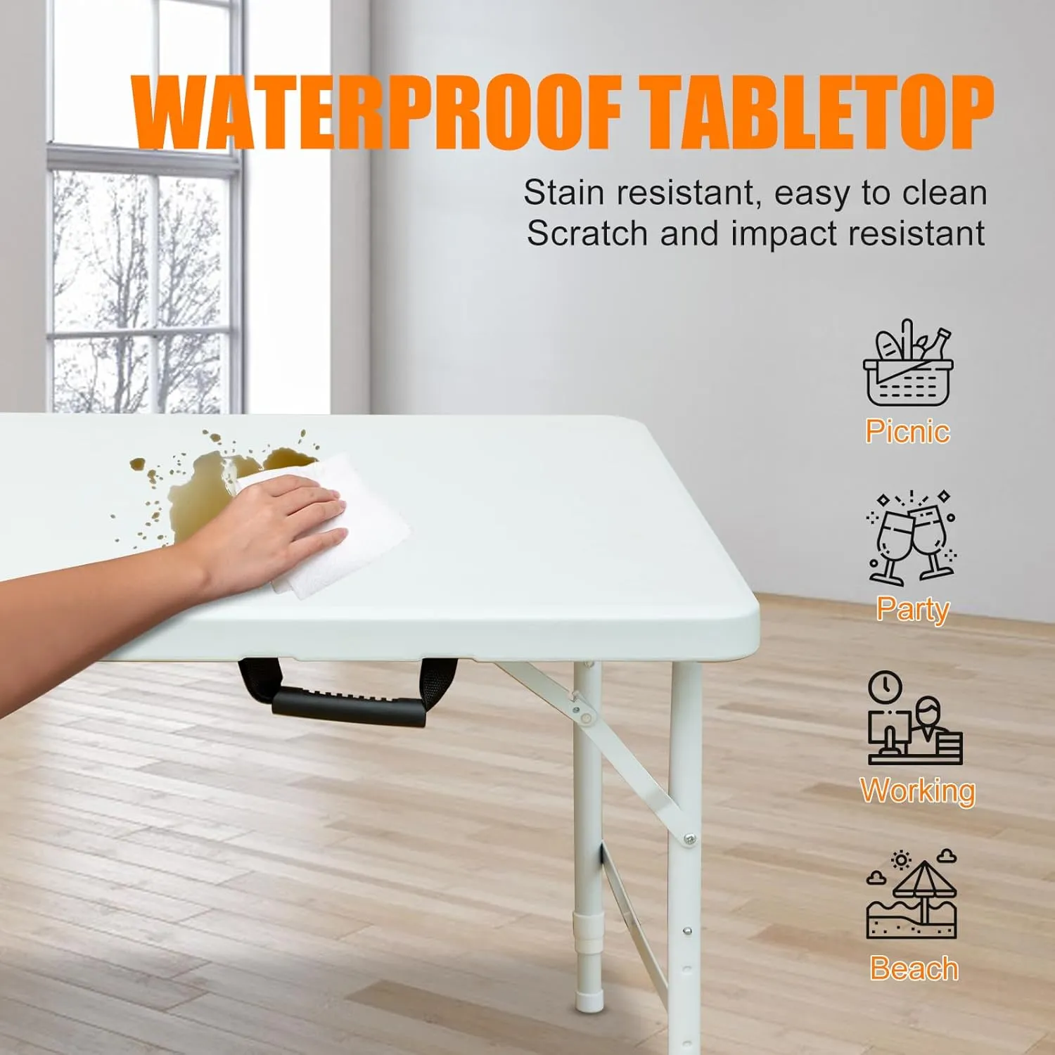 4ft White Folding Table, Portable Outdoor Heavy Duty Fold Up Table with Handle, Water Resistant Surface, Easy to Carry Fold-in-Half for Dining, Picnics, BBQs, Parties