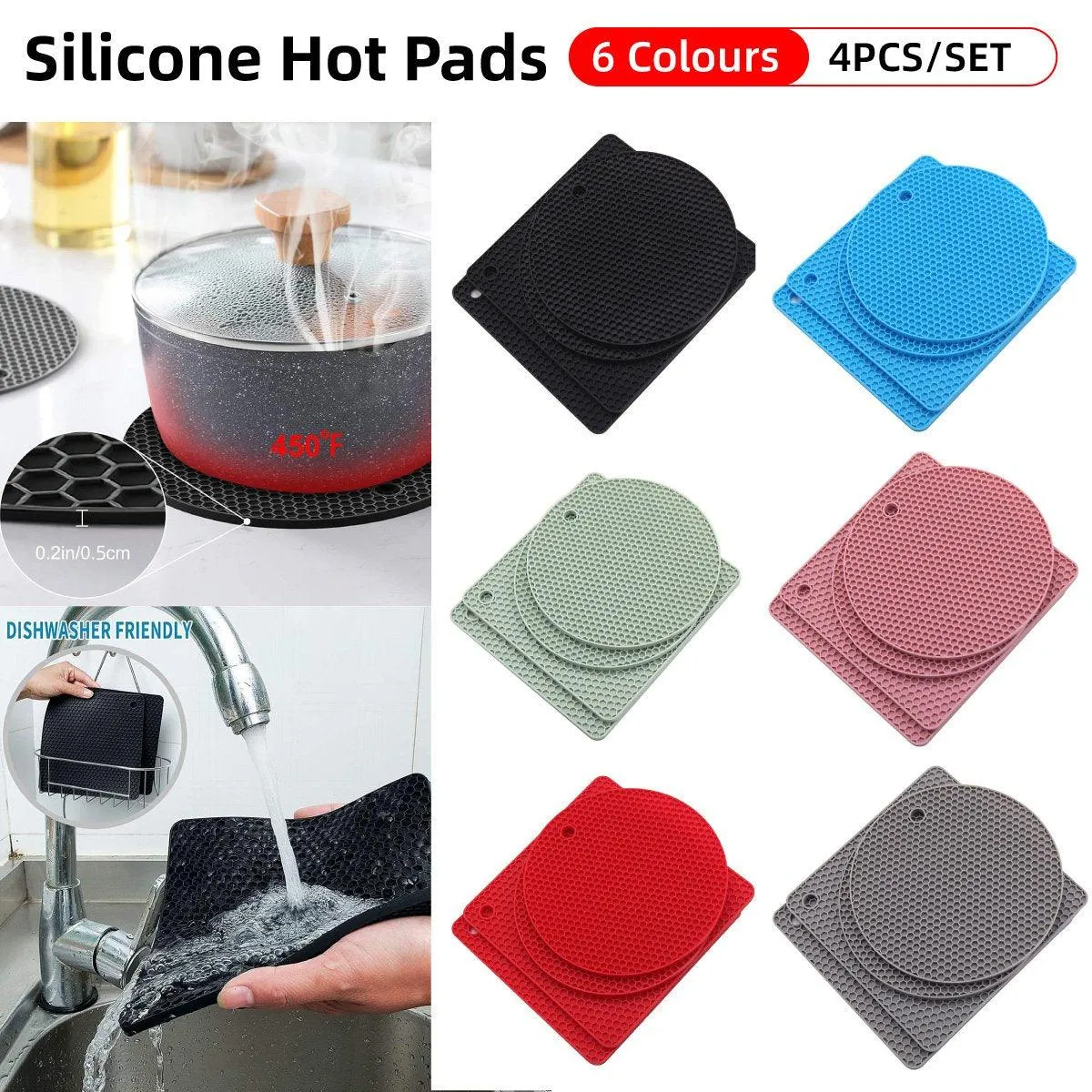 4pcs Silicone Honeycomb Heat Resistant Mats Table Cup Pot Coasters Home Kitchen