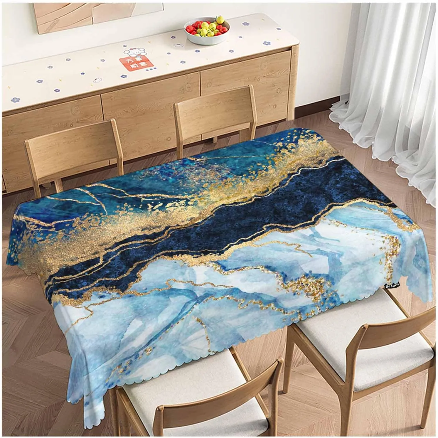 52x70 Inch Tablecloth Blue Marble, Stone Marbled Print Non-Fading Table Covers Kitchen Dinning Tabletop Decoration, Golden Blue Washable Table Cloth for Outdoor and Indoor Use