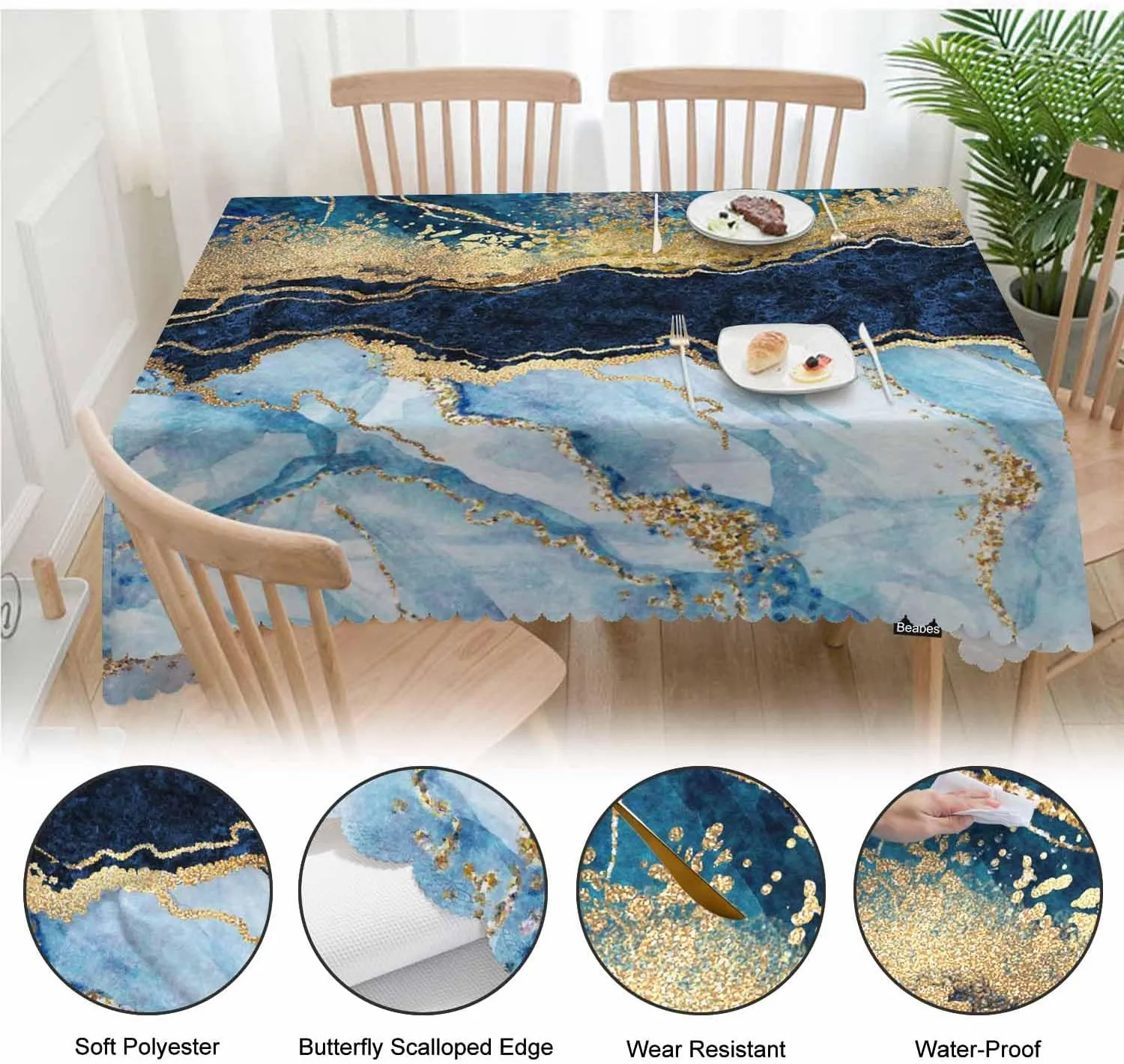 52x70 Inch Tablecloth Blue Marble, Stone Marbled Print Non-Fading Table Covers Kitchen Dinning Tabletop Decoration, Golden Blue Washable Table Cloth for Outdoor and Indoor Use