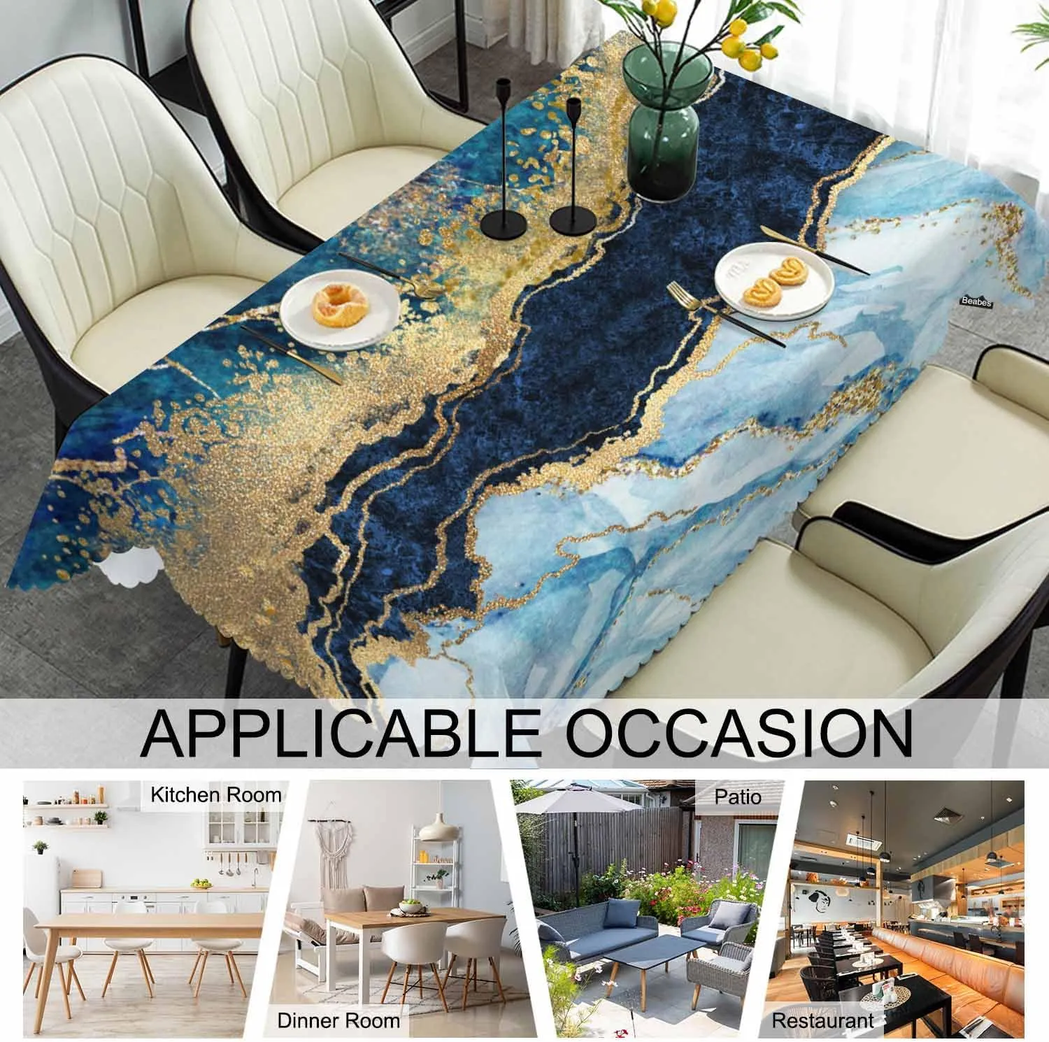 52x70 Inch Tablecloth Blue Marble, Stone Marbled Print Non-Fading Table Covers Kitchen Dinning Tabletop Decoration, Golden Blue Washable Table Cloth for Outdoor and Indoor Use