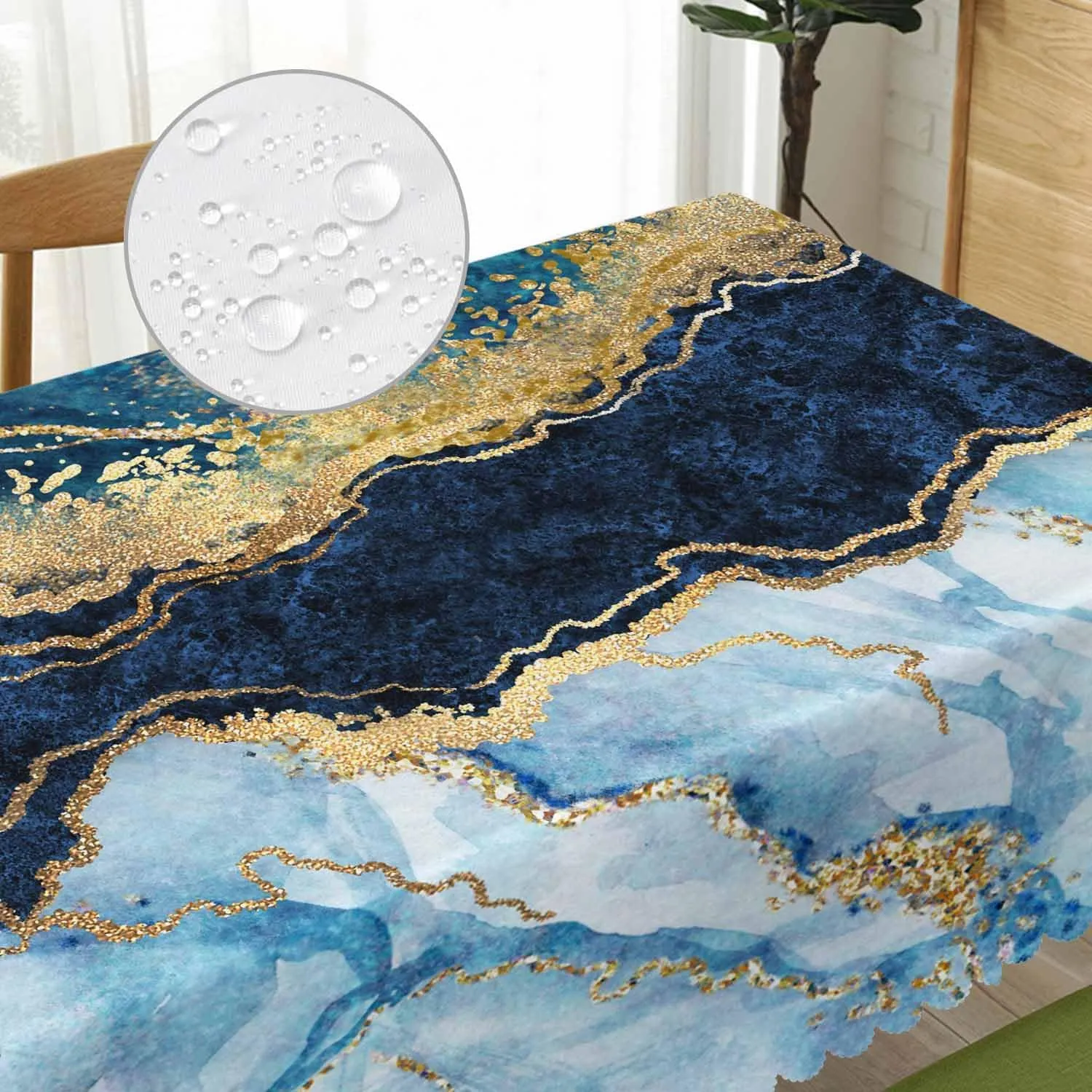 52x70 Inch Tablecloth Blue Marble, Stone Marbled Print Non-Fading Table Covers Kitchen Dinning Tabletop Decoration, Golden Blue Washable Table Cloth for Outdoor and Indoor Use