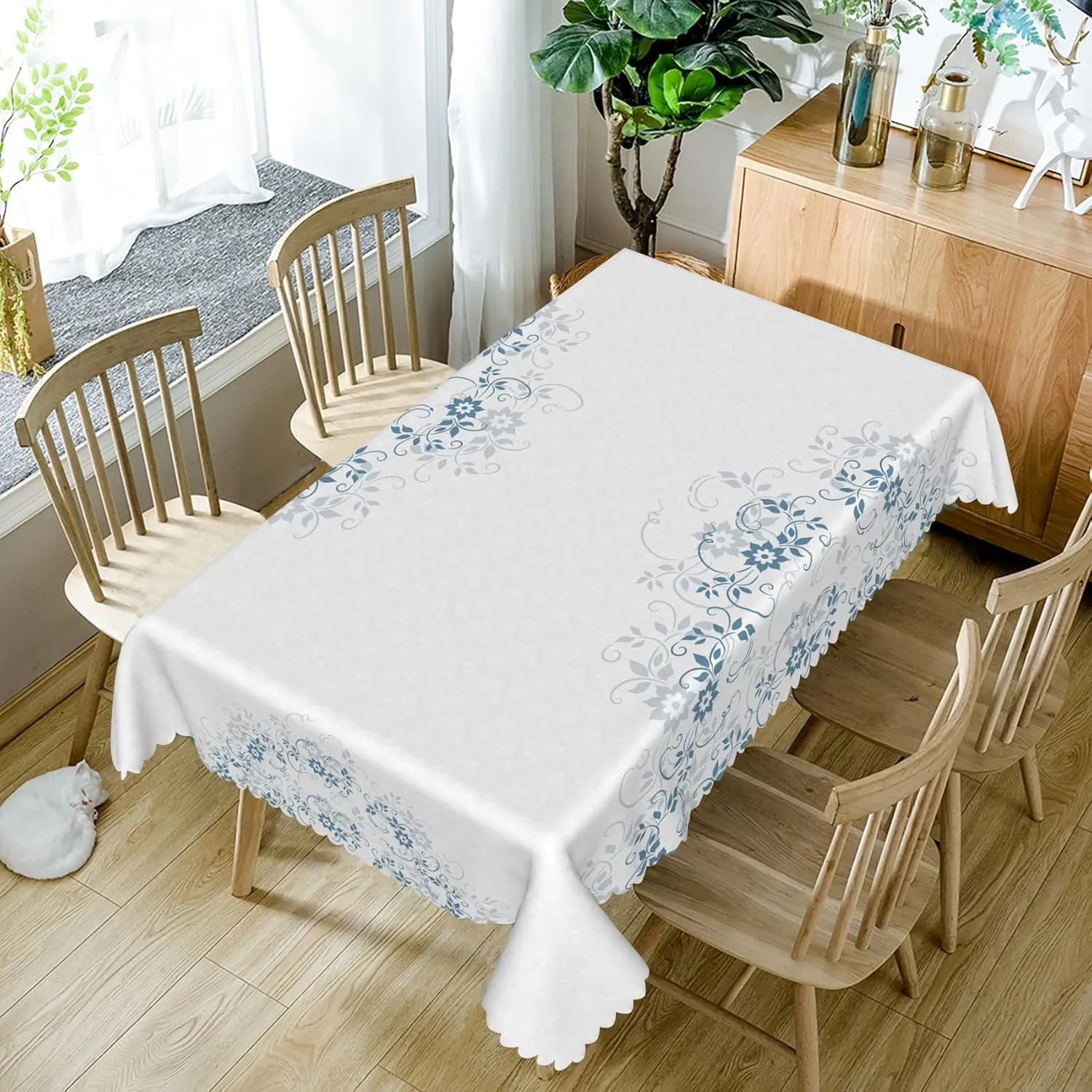 54x78inches Floral Rectangle Tablecloth Blue Grey Flower Printed Table Cloth Oil Proof Spill Proof Fabric Table Cover for Kitchen Dining Room Patio Buffet Banquet Party Home Decorations