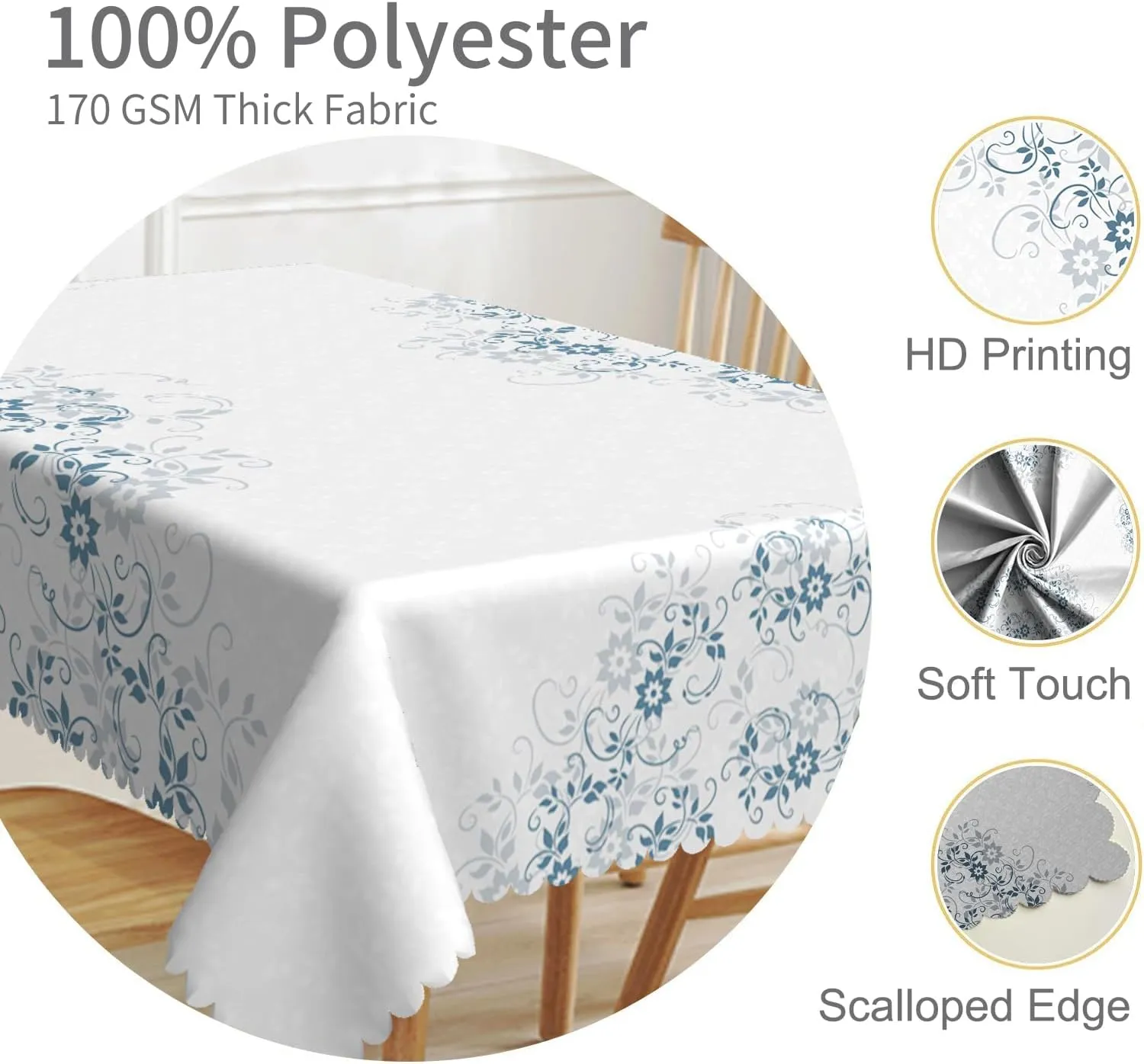 54x78inches Floral Rectangle Tablecloth Blue Grey Flower Printed Table Cloth Oil Proof Spill Proof Fabric Table Cover for Kitchen Dining Room Patio Buffet Banquet Party Home Decorations