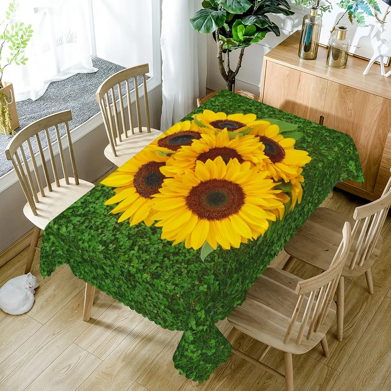 54x78inches Sunflowers Rectangle Tablecloth Green Grassland Yellow Floral Table Cloth Waterproof and Stain Resistant Table Cover for Home Kitchen Dining Room Picnic Indoor Outdoor Party Decor