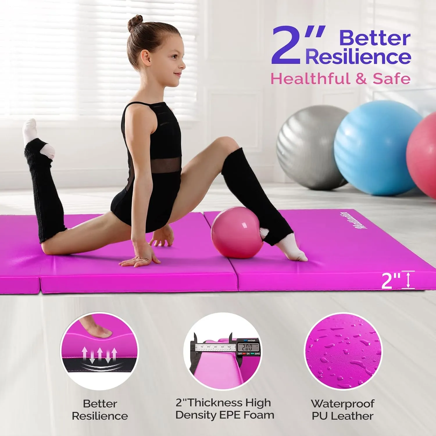 6' Folding Tri-fold Gymnastics Gym Exercise Aerobics Mat, 6ft x 2ft x 2in PU Leather Tumbling Mats with Hook & Loop Fastener for Stretching Yoga Cheerleading Martial Arts