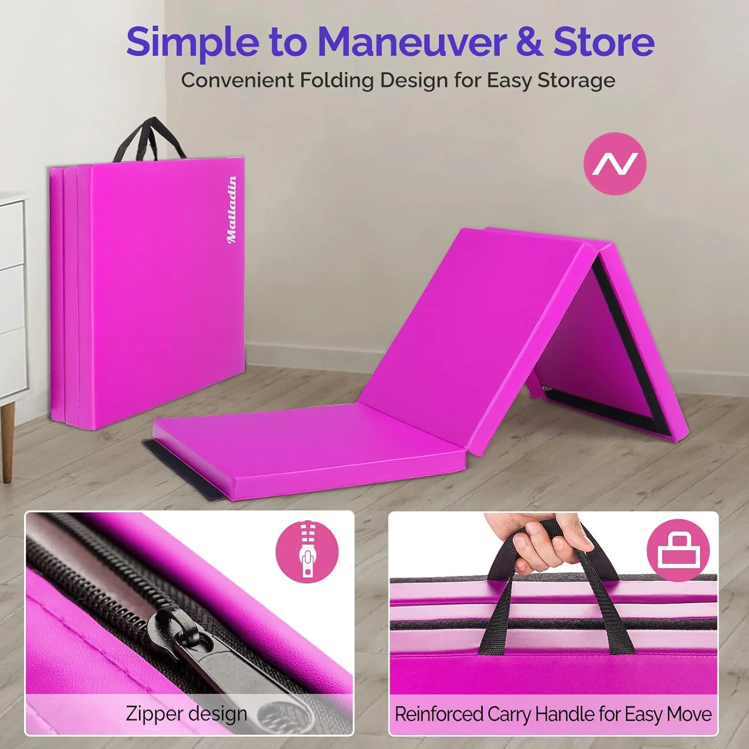 6' Folding Tri-fold Gymnastics Gym Exercise Aerobics Mat, 6ft x 2ft x 2in PU Leather Tumbling Mats with Hook & Loop Fastener for Stretching Yoga Cheerleading Martial Arts
