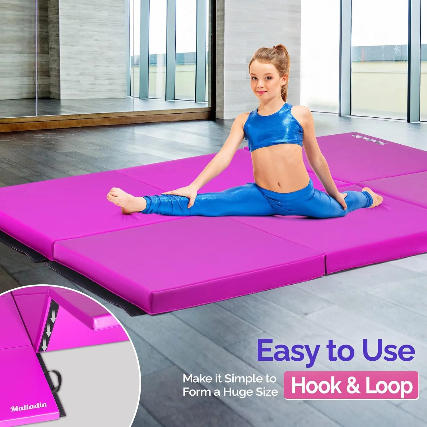 6' Folding Tri-fold Gymnastics Gym Exercise Aerobics Mat, 6ft x 2ft x 2in PU Leather Tumbling Mats with Hook & Loop Fastener for Stretching Yoga Cheerleading Martial Arts