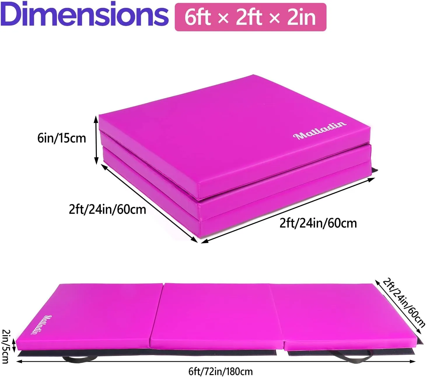 6' Folding Tri-fold Gymnastics Gym Exercise Aerobics Mat, 6ft x 2ft x 2in PU Leather Tumbling Mats with Hook & Loop Fastener for Stretching Yoga Cheerleading Martial Arts