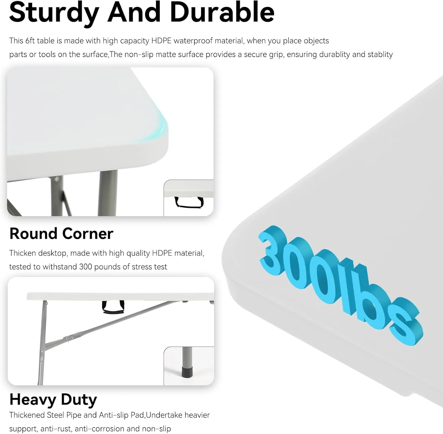 6 Foot Foldable Table with Built in Handle & Steel Legs,Heavy Duty Portable,Perfect for Party, Dining, Wedding, Events, Picnic Indoor, Outdoor, Camping, Utility, Folding(white-1pac)
