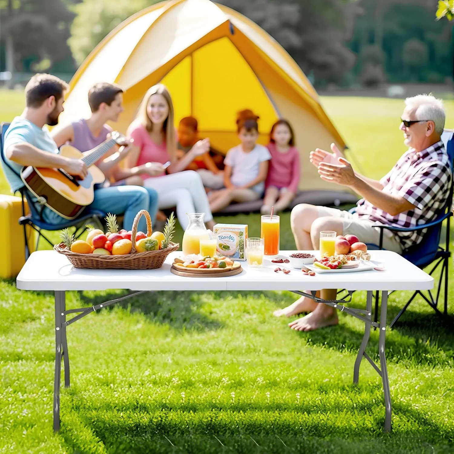 6 Foot Folding Table with Carrying Handle - Portable Plastic Fold in Half Table with Safety Locks, Heavy Duty Plastic Foldable Table for Party, Picnic, Camping, Dining (White, 6FT)