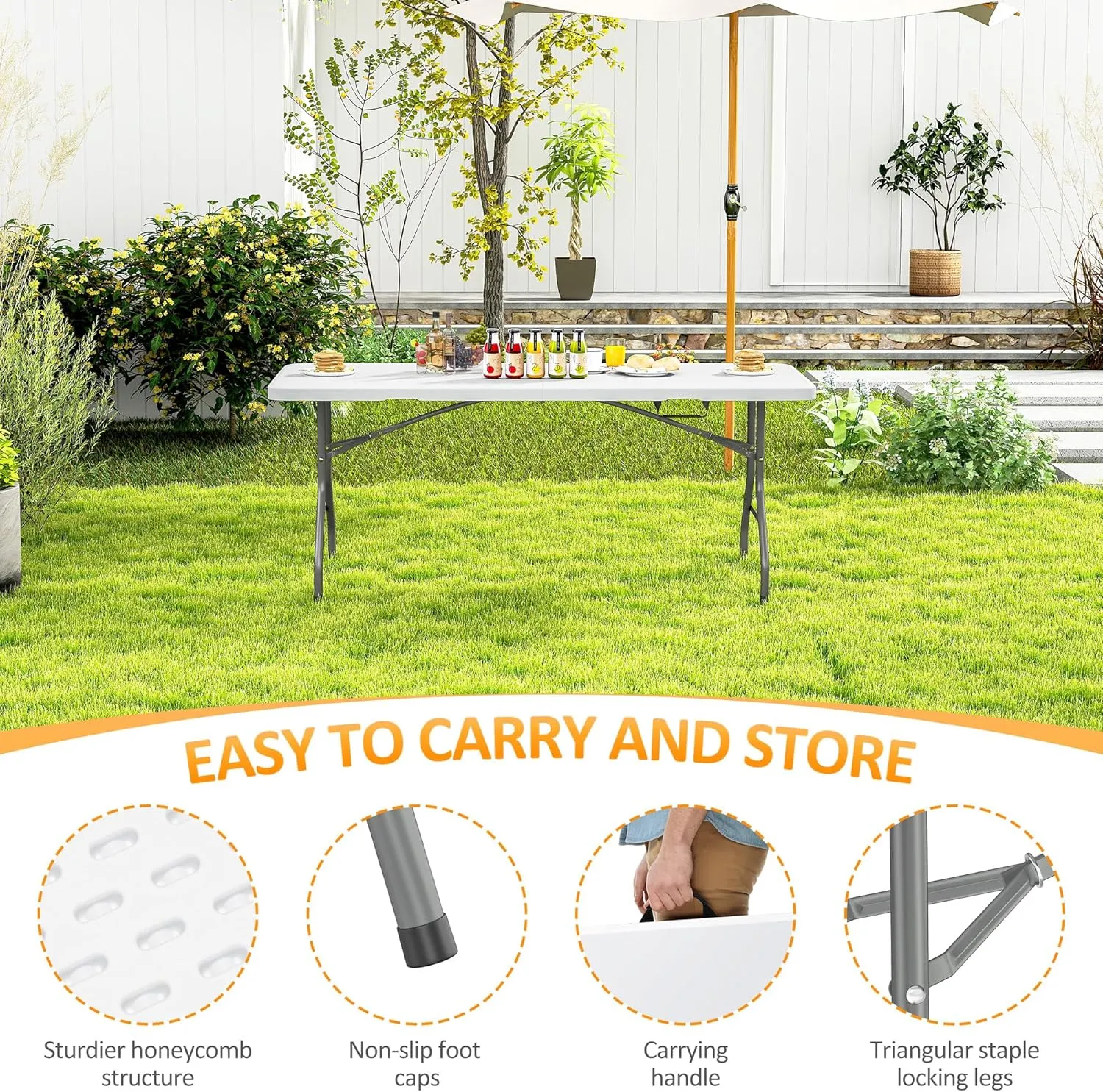 6 Foot Folding Table with Carrying Handle - Portable Plastic Fold in Half Table with Safety Locks, Heavy Duty Plastic Foldable Table for Party, Picnic, Camping, Dining (White, 6FT)