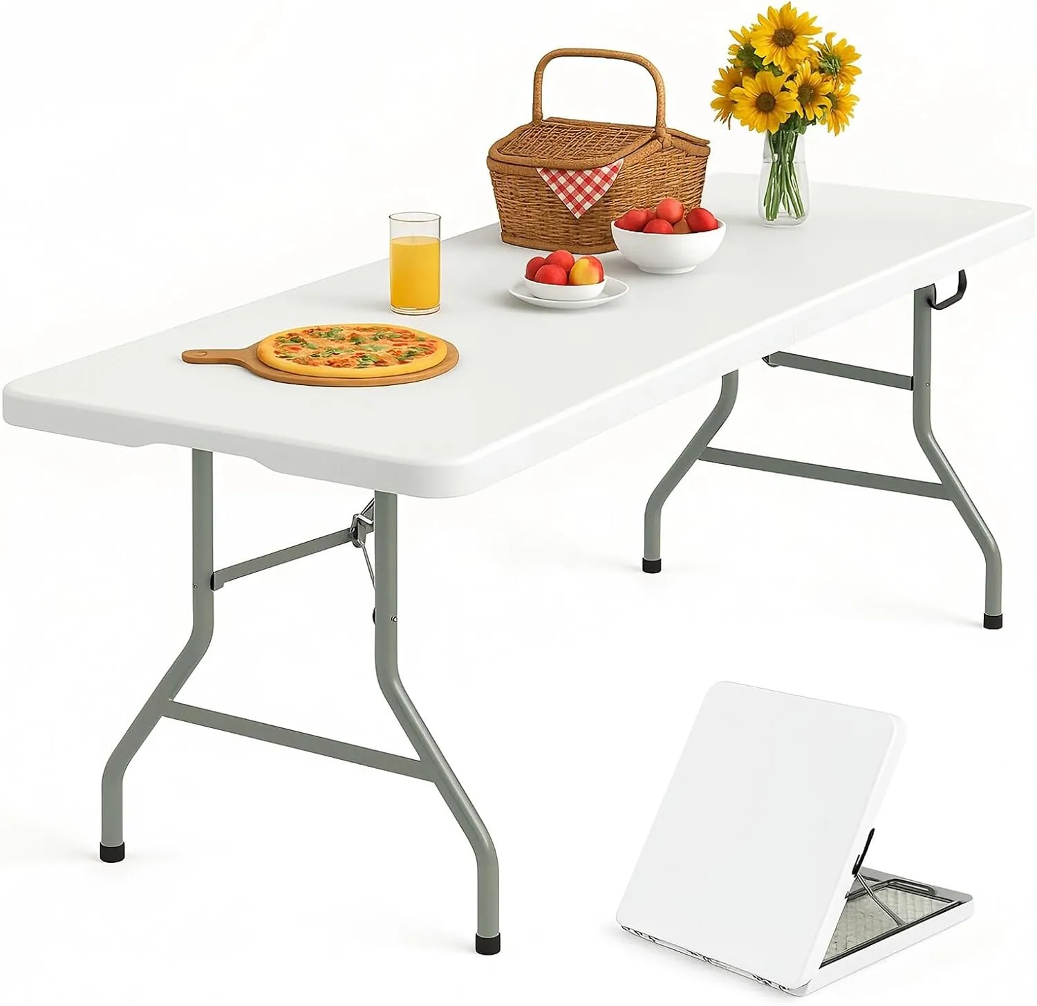 6 Foot Folding Table with Carrying Handle - Portable Plastic Fold in Half Table with Safety Locks, Heavy Duty Plastic Foldable Table for Party, Picnic, Camping, Dining (White, 6FT)
