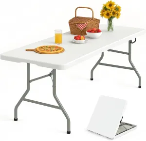 6 Foot Folding Table with Carrying Handle - Portable Plastic Fold in Half Table with Safety Locks, Heavy Duty Plastic Foldable Table for Party, Picnic, Camping, Dining (White, 6FT)