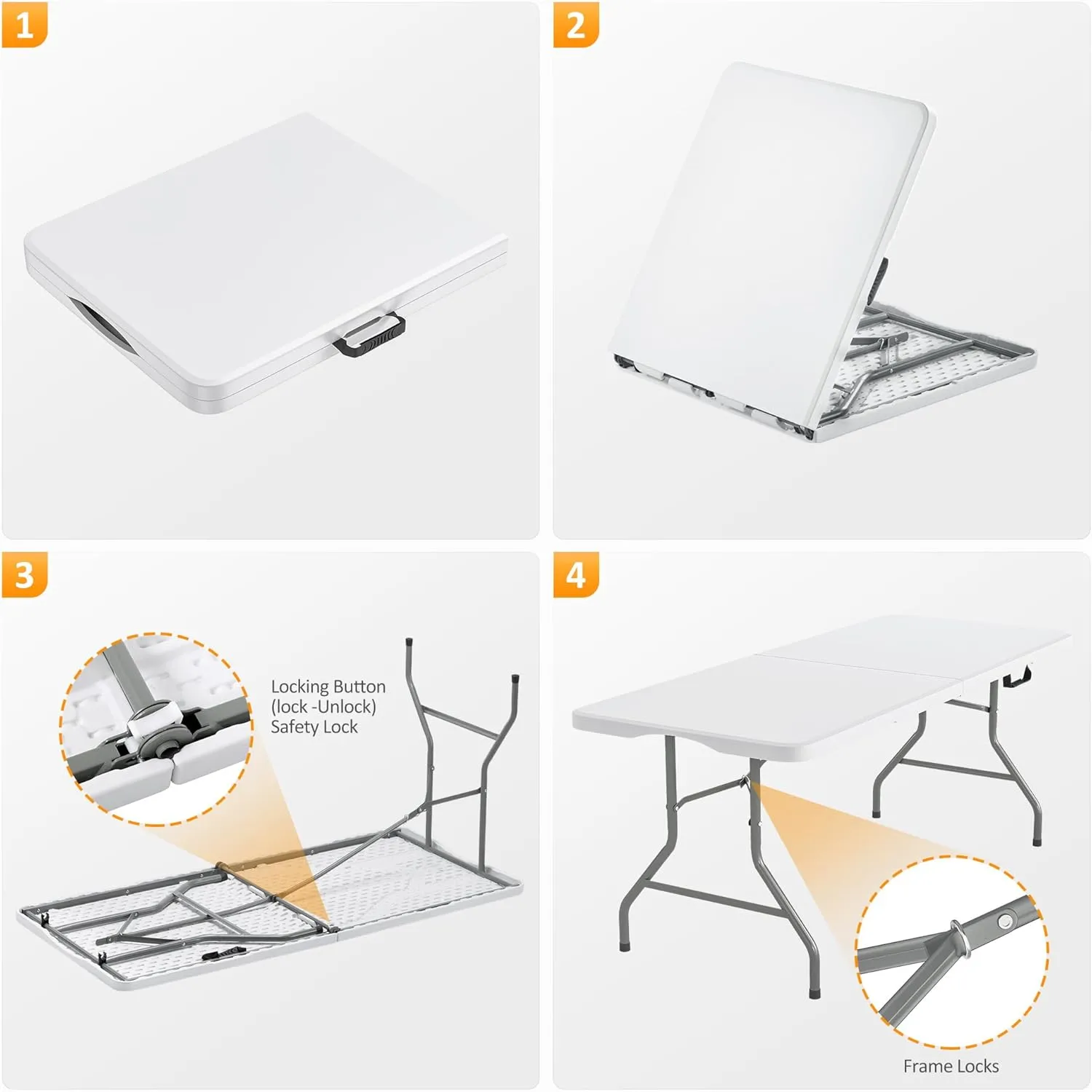6 Foot Folding Table with Carrying Handle - Portable Plastic Fold in Half Table with Safety Locks, Heavy Duty Plastic Foldable Table for Party, Picnic, Camping, Dining (White, 6FT)