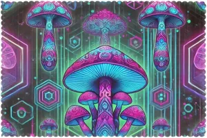 6-Pack Cyberpunk-Neon-Mushrooms Heat-Resistant Polyester Placemats, 12x18in Easy-to-Clean Dining Mats