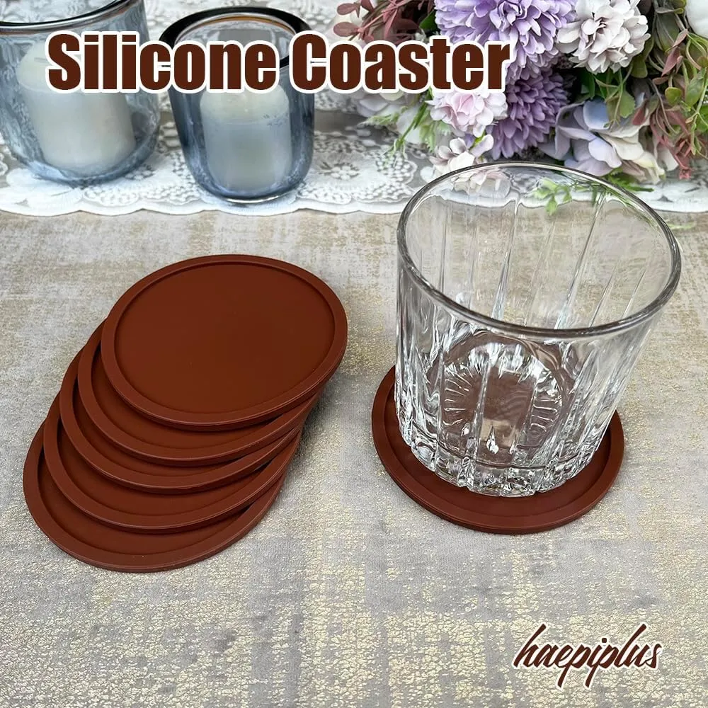6 Pieces Silicone Coasters, Cup Coasters for Drinks, Heat Resistant Glass Cushion, Coffee Coaster for Table, Desk, Kitchen, Office, Bar Furniture Protection, Hot Cup Mat (Brown)