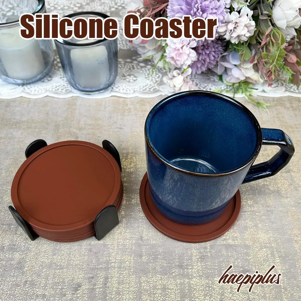 6 Pieces Silicone Coasters, Cup Coasters for Drinks, Heat Resistant Glass Cushion, Coffee Coaster for Table, Desk, Kitchen, Office, Bar Furniture Protection, Hot Cup Mat (Brown)