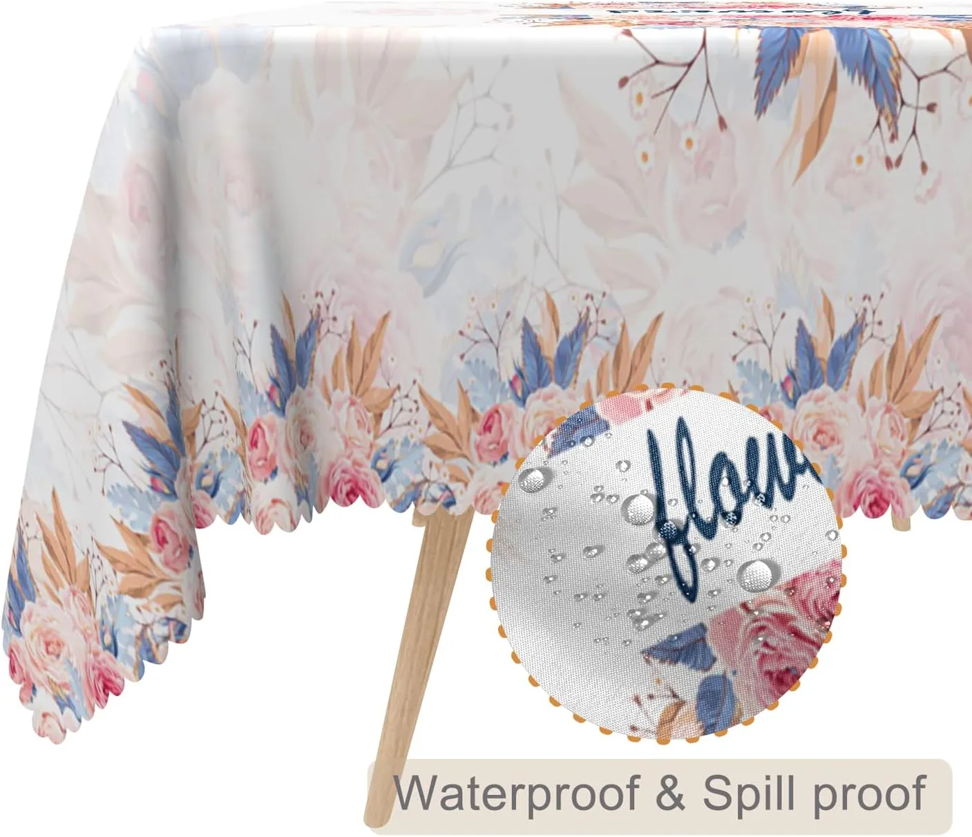 60x108inches Flowers Rectangle Table Cloth Pink Blue Rose Flowers and Pampas Grass Printed Tablecloth Cover for Dinning Room Kitchen Holiday Camping Picnic Birthday Wedding Party Banquet