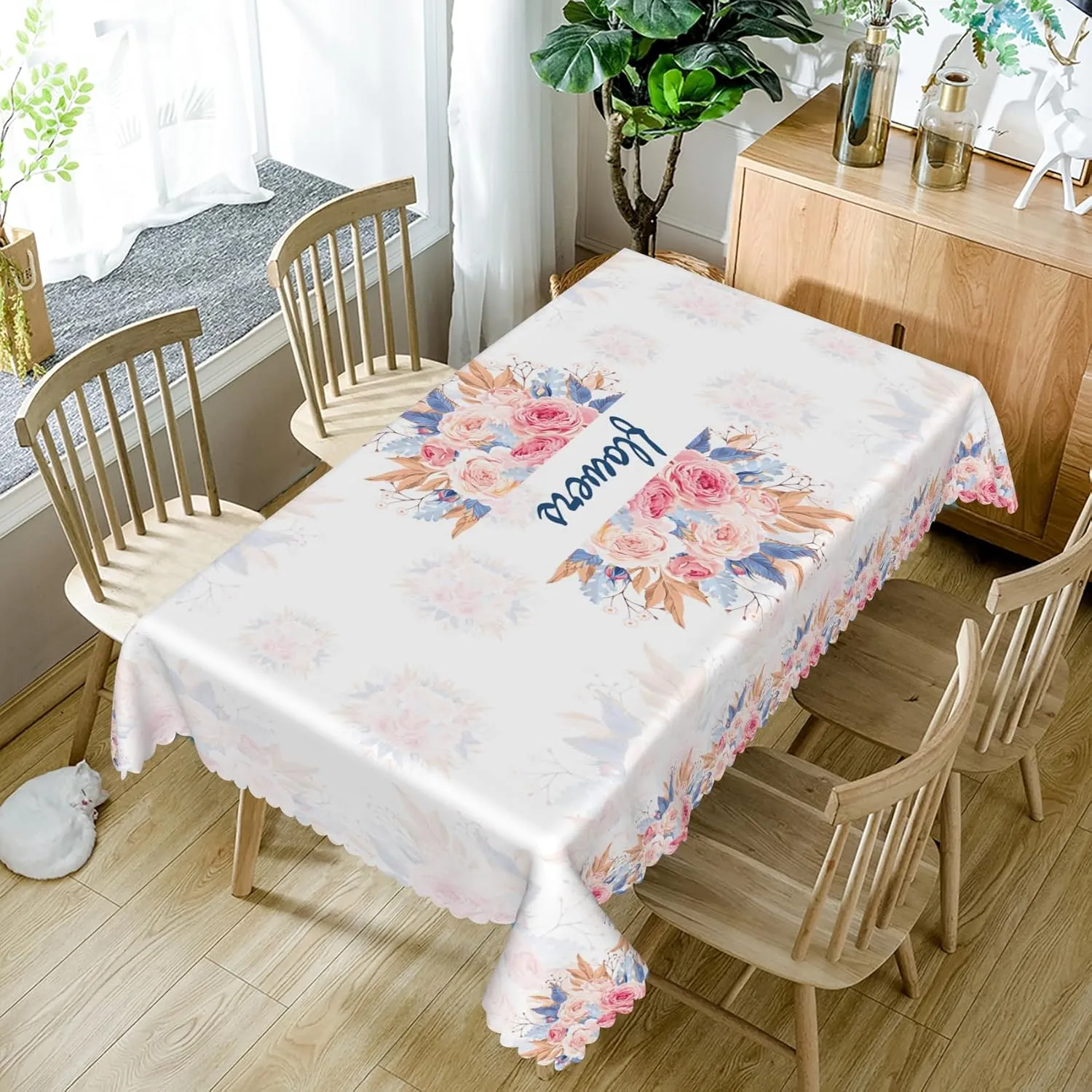 60x108inches Flowers Rectangle Table Cloth Pink Blue Rose Flowers and Pampas Grass Printed Tablecloth Cover for Dinning Room Kitchen Holiday Camping Picnic Birthday Wedding Party Banquet