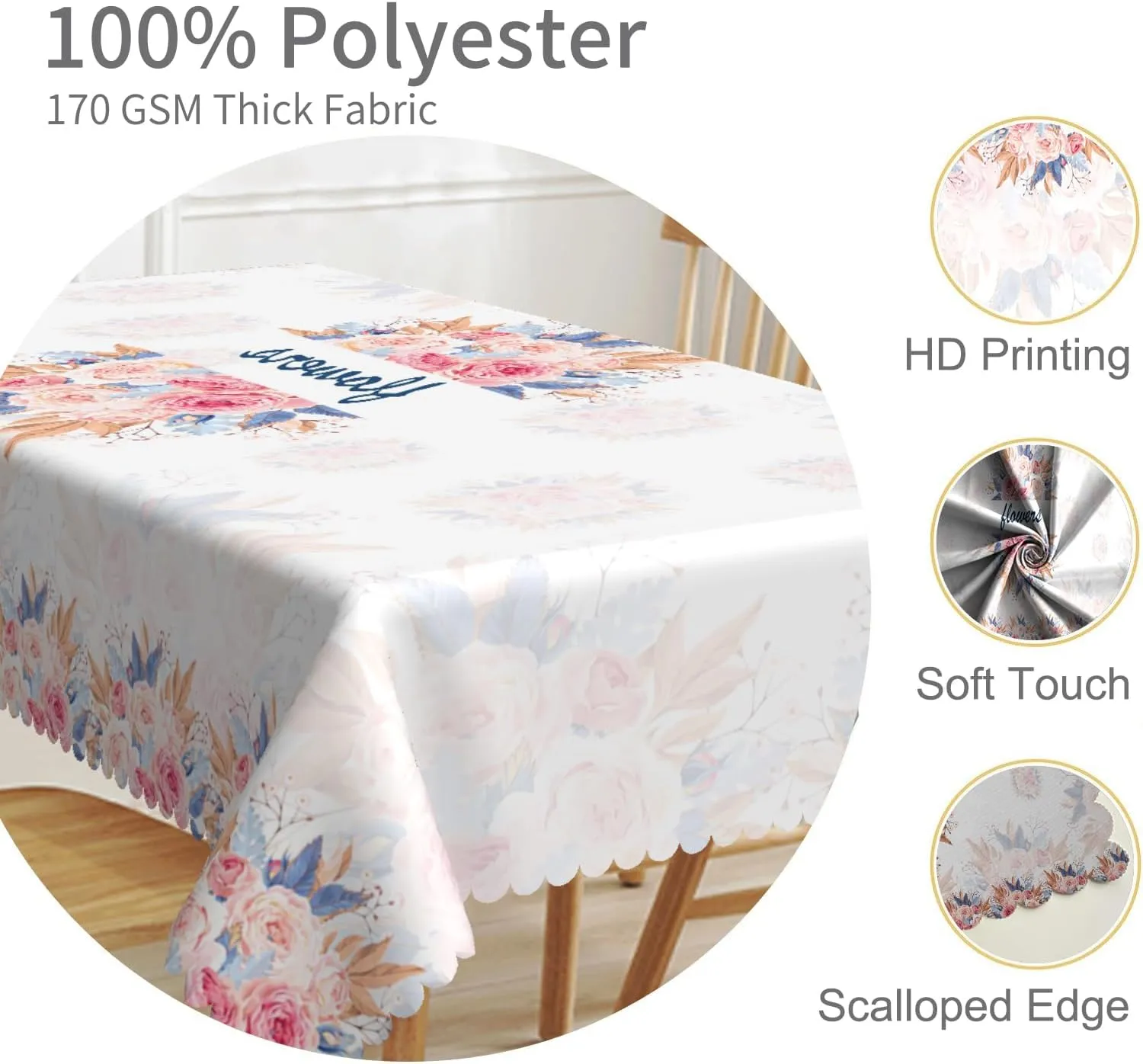60x108inches Flowers Rectangle Table Cloth Pink Blue Rose Flowers and Pampas Grass Printed Tablecloth Cover for Dinning Room Kitchen Holiday Camping Picnic Birthday Wedding Party Banquet