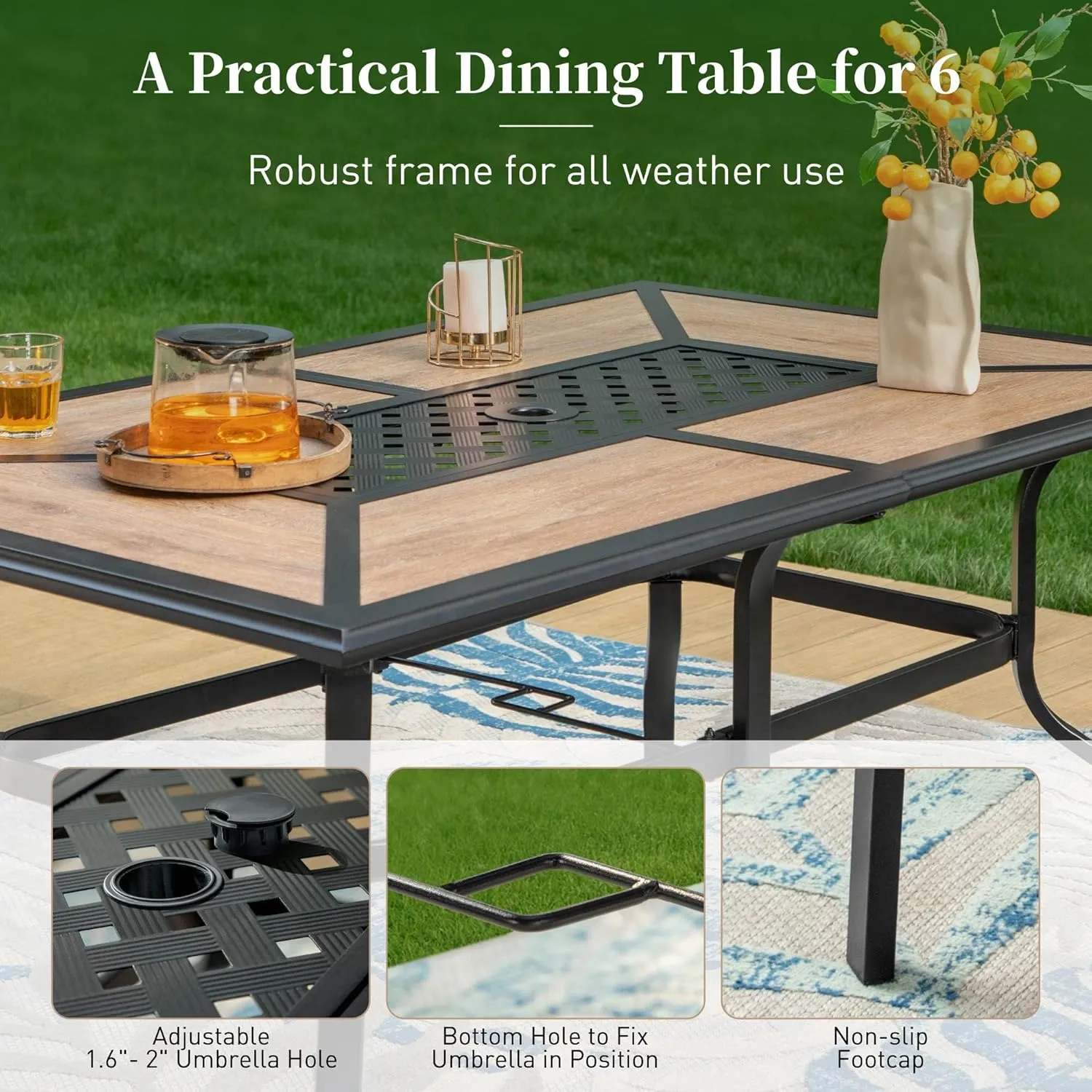 61" Patio Dining Table for 6,Teak Color Rectangle Patio Table with Umbrella Hole,E-Coating and Powder Coating Steel Frame Metal Outdoor Patio Table for Garden Backyard Lawn Yard
