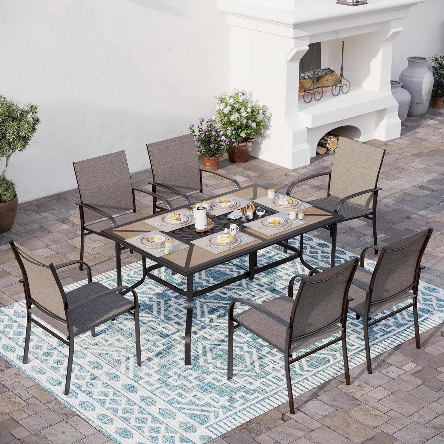 61" Patio Dining Table for 6,Teak Color Rectangle Patio Table with Umbrella Hole,E-Coating and Powder Coating Steel Frame Metal Outdoor Patio Table for Garden Backyard Lawn Yard