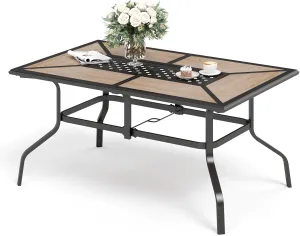 61" Patio Dining Table for 6,Teak Color Rectangle Patio Table with Umbrella Hole,E-Coating and Powder Coating Steel Frame Metal Outdoor Patio Table for Garden Backyard Lawn Yard
