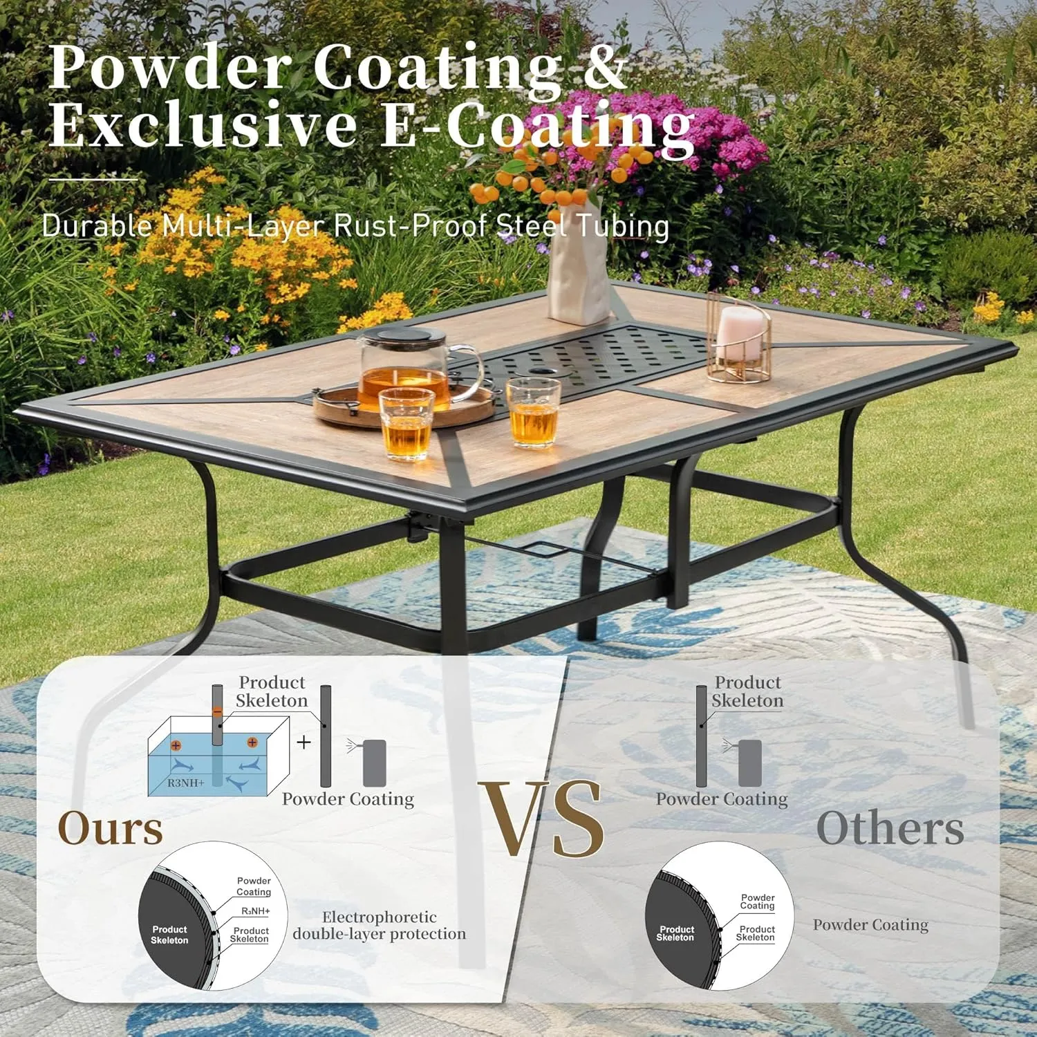 61" Patio Dining Table for 6,Teak Color Rectangle Patio Table with Umbrella Hole,E-Coating and Powder Coating Steel Frame Metal Outdoor Patio Table for Garden Backyard Lawn Yard