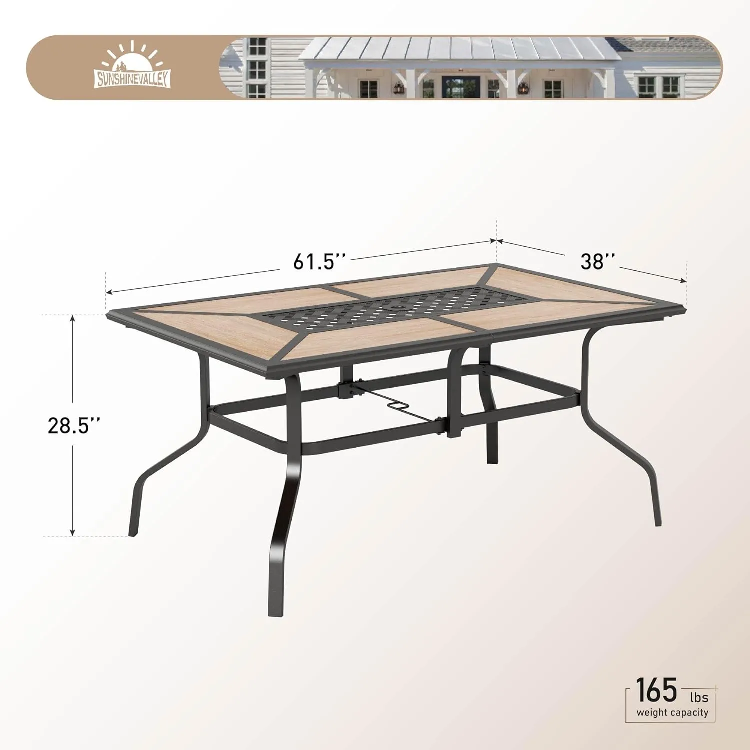 61" Patio Dining Table for 6,Teak Color Rectangle Patio Table with Umbrella Hole,E-Coating and Powder Coating Steel Frame Metal Outdoor Patio Table for Garden Backyard Lawn Yard