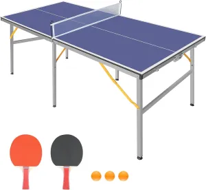 6X3ft Portable Ping Pong Table Game Set, Mid-Size Table Tennis Tables - Folding Indoor Outdoor Table Tennis with Net for Adults/Teens,2 Table Tennis Paddles and 3 Balls