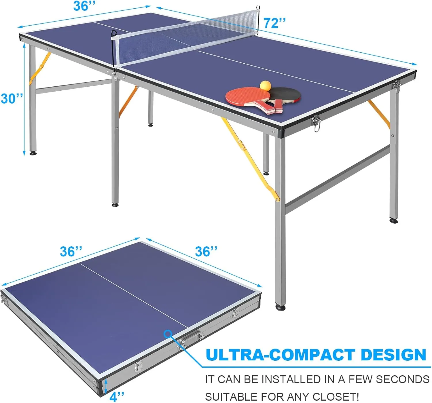 6X3ft Portable Ping Pong Table Game Set, Mid-Size Table Tennis Tables - Folding Indoor Outdoor Table Tennis with Net for Adults/Teens,2 Table Tennis Paddles and 3 Balls