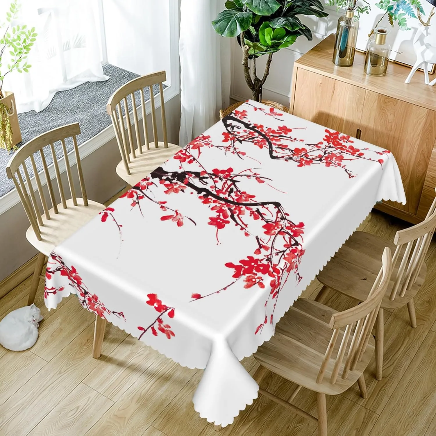 70x140inch Asian Tablecloth Plum Tree Blossoms Chinese Traditional Ink Painting Rectangular Table Cover Waterproof Winkle Free Polyester Fabric Table Cloth for Dining Room Kitchen Home Decor