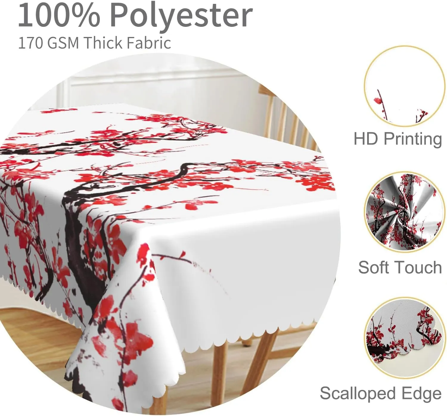 70x140inch Asian Tablecloth Plum Tree Blossoms Chinese Traditional Ink Painting Rectangular Table Cover Waterproof Winkle Free Polyester Fabric Table Cloth for Dining Room Kitchen Home Decor