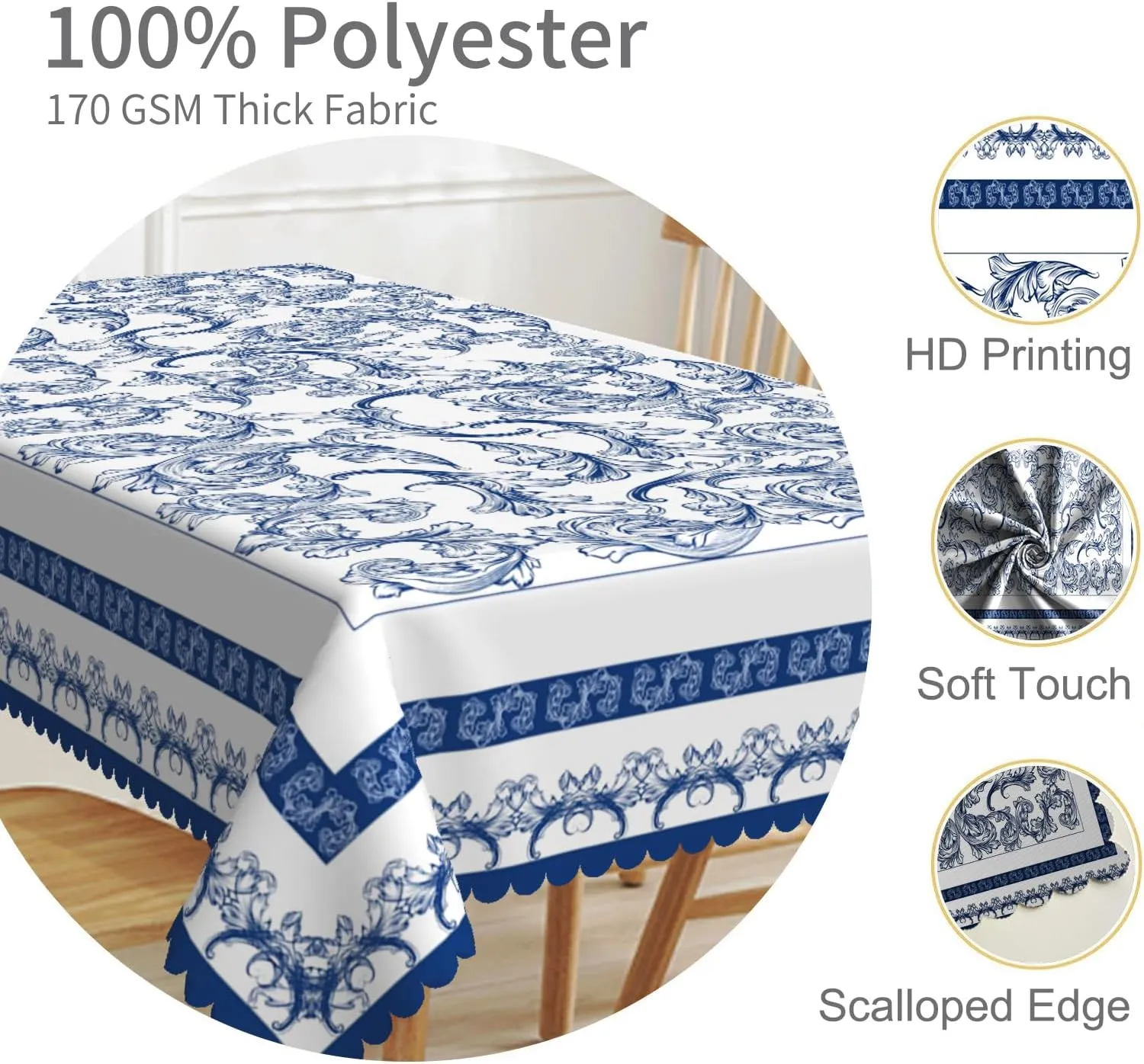 70x140inches Bohemian Floral Rectangle Tablecloth Blue Baroque Floral Printed Decorative Table Cloth Waterproof Spill Proof Polyester Fabric Table Cover for Dining Room Kitchen Home Decor
