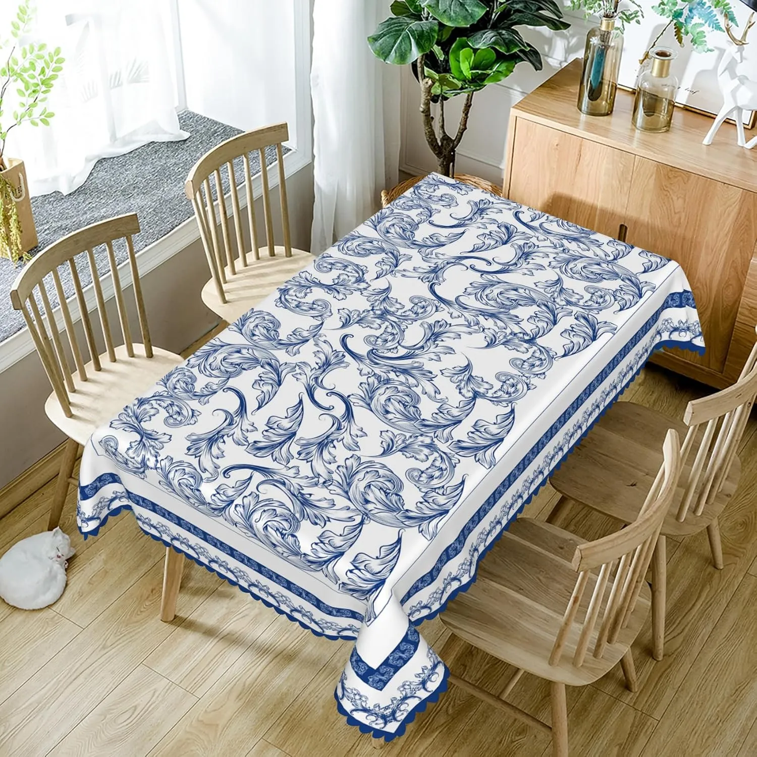 70x140inches Bohemian Floral Rectangle Tablecloth Blue Baroque Floral Printed Decorative Table Cloth Waterproof Spill Proof Polyester Fabric Table Cover for Dining Room Kitchen Home Decor