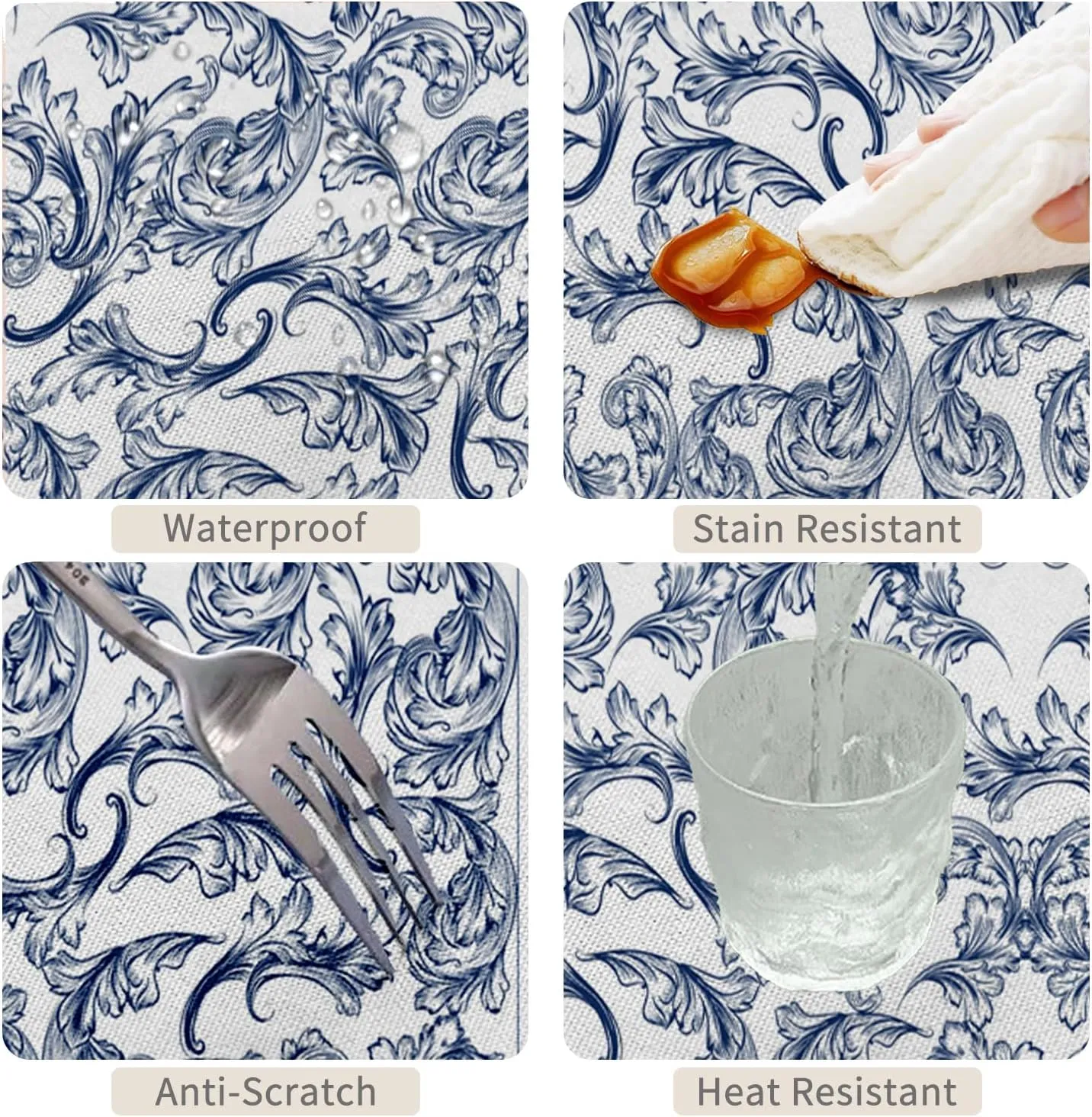 70x140inches Bohemian Floral Rectangle Tablecloth Blue Baroque Floral Printed Decorative Table Cloth Waterproof Spill Proof Polyester Fabric Table Cover for Dining Room Kitchen Home Decor