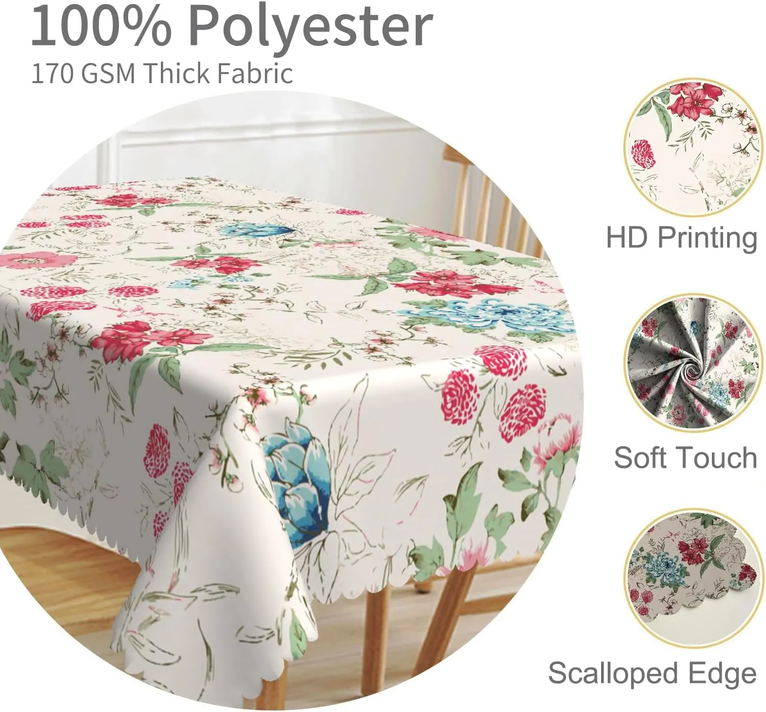 70x140inches Meadow Flowers Rectangle Tablecloth Red Blue Floral Print Pattern Polyester Fabric Table Cloth Waterproof and Stain Resistant Table Cover for Kitchen Dining Room Picnic Home Decor