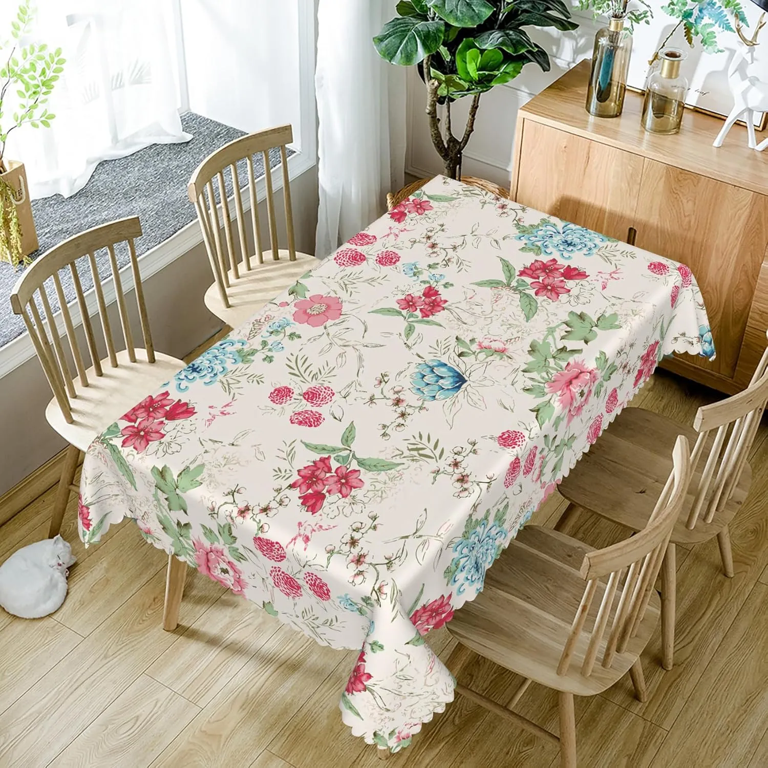 70x140inches Meadow Flowers Rectangle Tablecloth Red Blue Floral Print Pattern Polyester Fabric Table Cloth Waterproof and Stain Resistant Table Cover for Kitchen Dining Room Picnic Home Decor