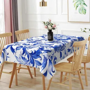70x140inches Watercolor Blue Floral Rectangle Tablecloth Vintage Baroque Floral Print Pattern Table Cloth Waterproof Oil-Proof Polyester Fabric Table Cover for Dining Room Kitchen Party Decor