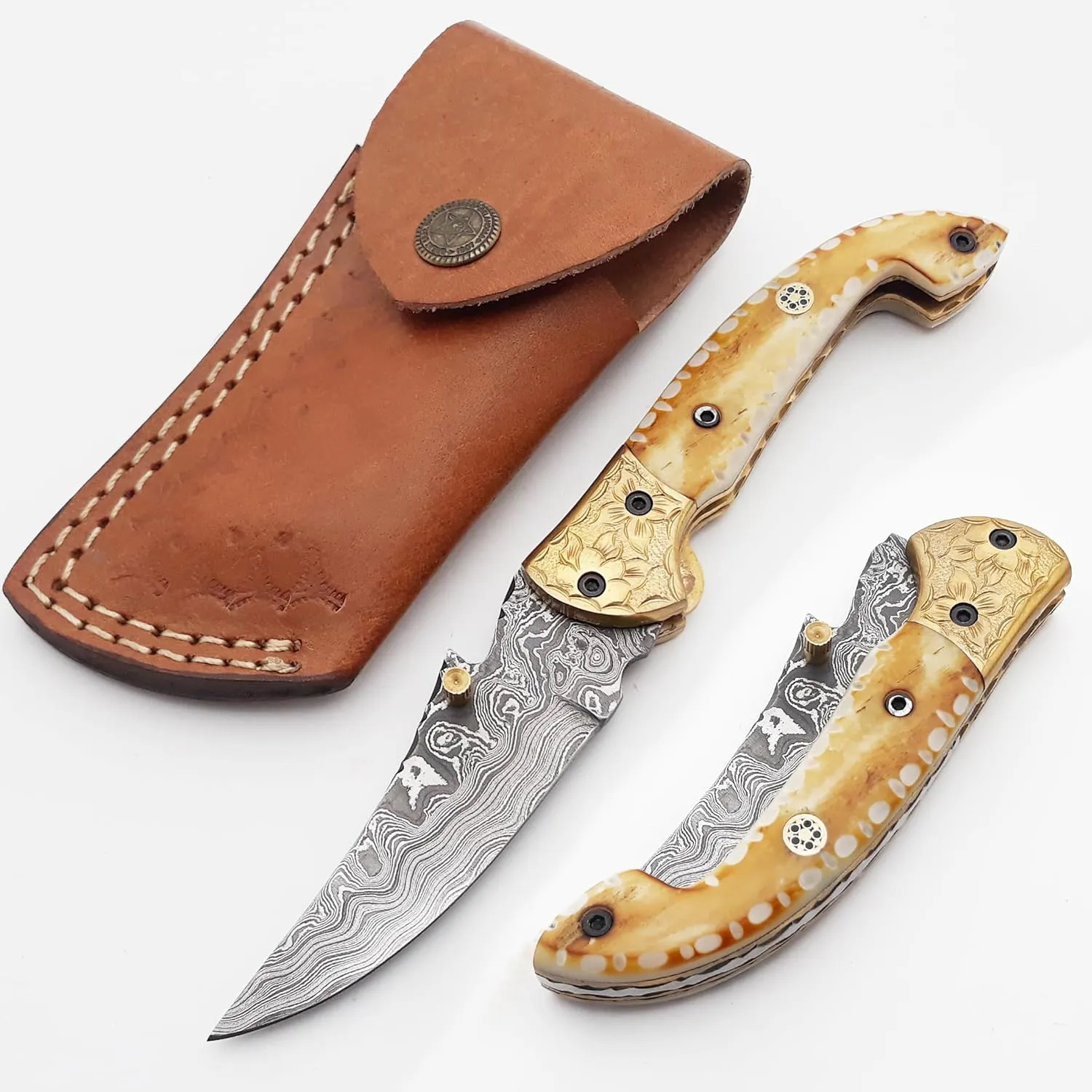 7.4" Handmade Damascus Steel Folding Knife - Beautiful Camel Bone Handle with Engraved Brass Bolsters Pocket Knife - Best for Camping, Hunting, Fishing & Outdoors