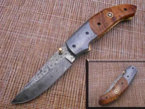7.5" Folding Knife, 3.5" Hand Forged Twist Pattern Damascus Steel Blade Pocket Knife, 4" Wood Scale, Liner Lock & Thumb knob Equipped, Cow Hide Leather Sheath