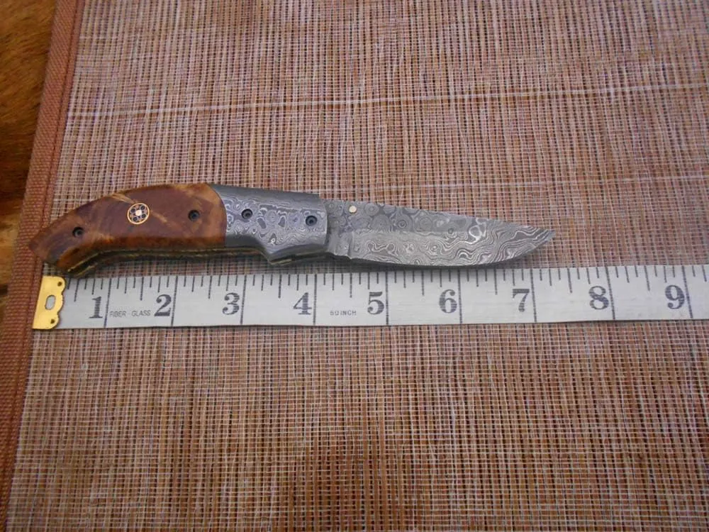7.5" Folding Knife, 3.5" Hand Forged Twist Pattern Damascus Steel Blade Pocket Knife, 4" Wood Scale, Liner Lock & Thumb knob Equipped, Cow Hide Leather Sheath