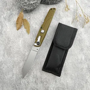 7.7" Tactical Button Lock Folding Knife, 440C Satin Blade Nylon Fiberglass Handle with Nylon Sheath, EDC Pocket Knife for Indoor Outdoor Hunting Camping Fishing - Green