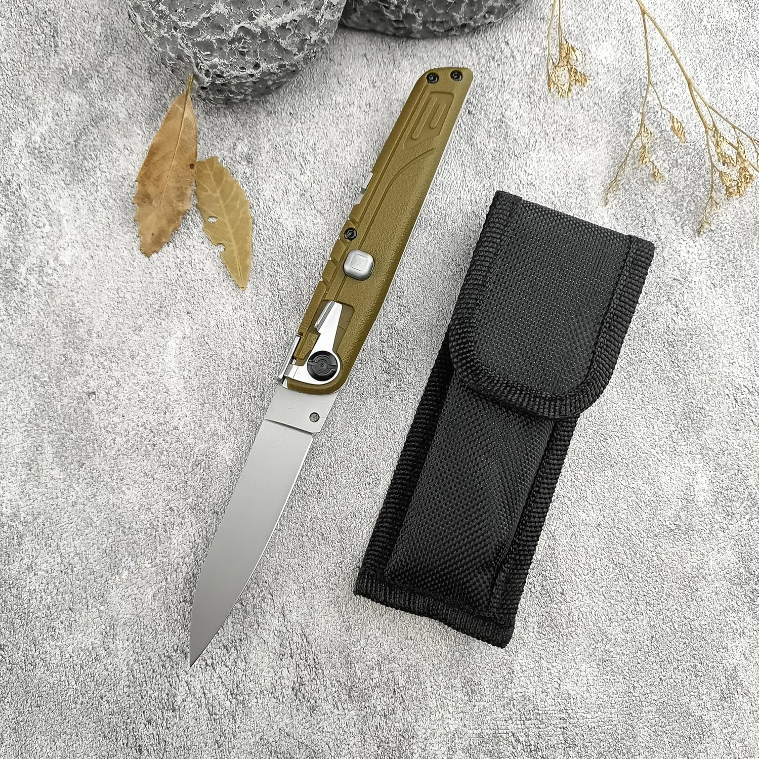 7.7" Tactical Button Lock Folding Knife, 440C Satin Blade Nylon Fiberglass Handle with Nylon Sheath, EDC Pocket Knife for Indoor Outdoor Hunting Camping Fishing - Green