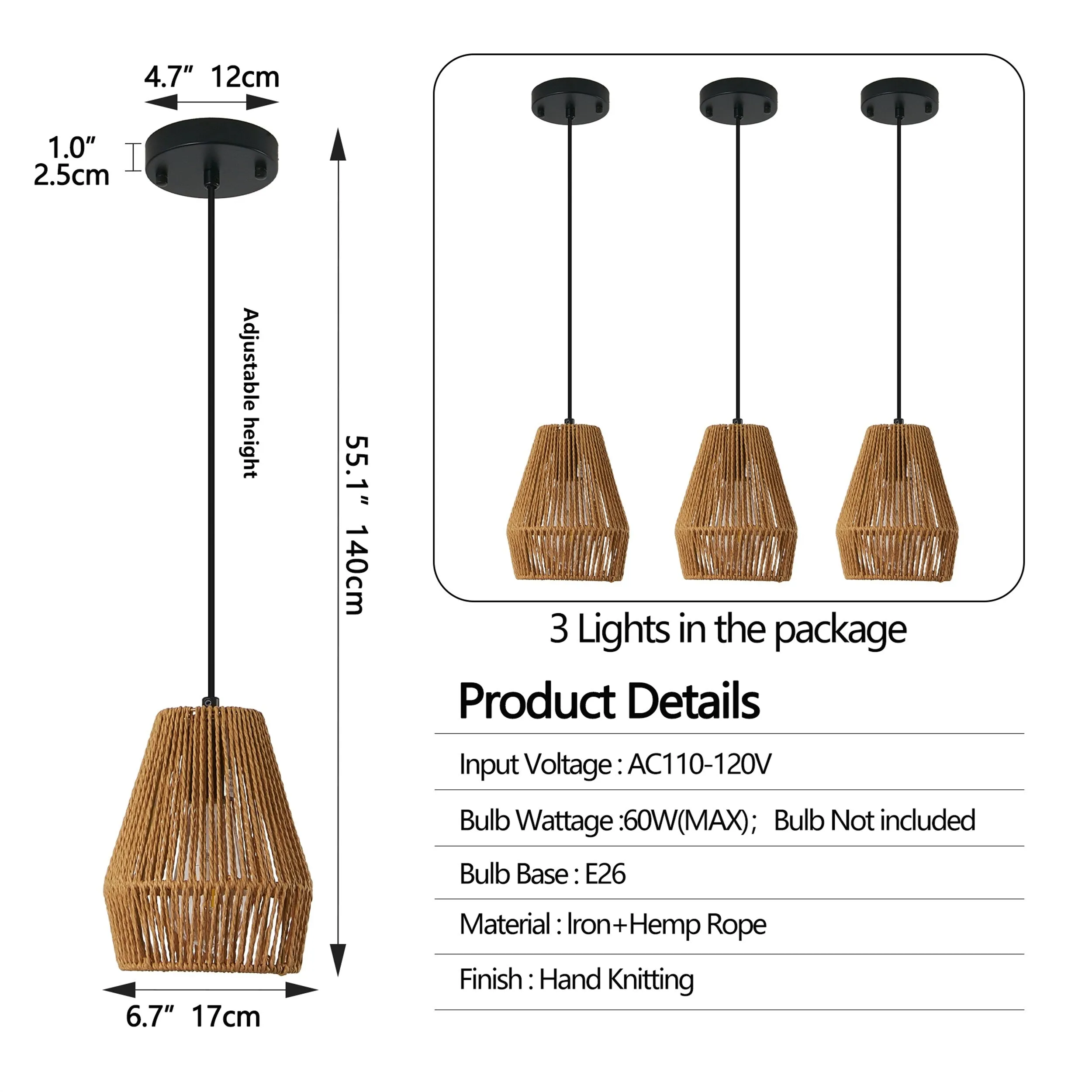 7" Handwoven Hemp Rope Pendant Light - Adjustable 3-Light Chandelier